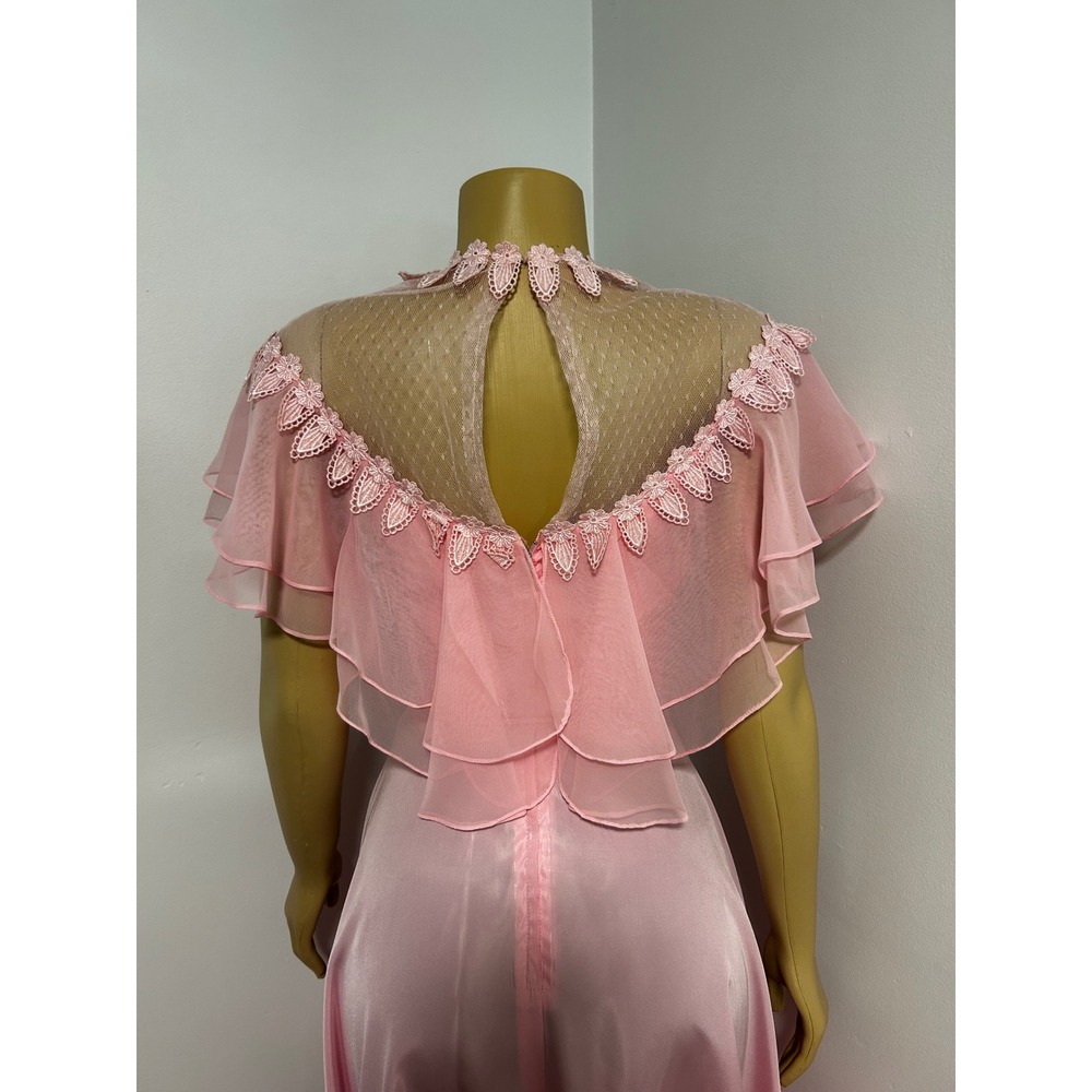 Vintage 70s Pink Maxi Dress Lace Mesh Yoke Flutter Sleeve Romantic Prom 9/10 - Picture 4 of 6